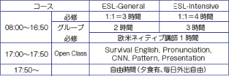 一般英語コースのレベル別受講科目
