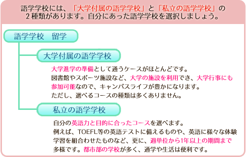 語学学校には、「大学付属の語学学校」と「私立の語学学校」の2種類があります。自分にあった語学学校を選択しましょう。