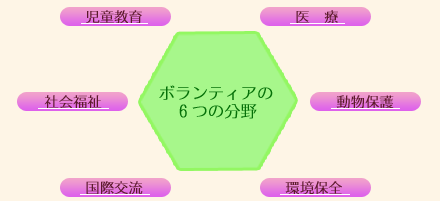 国際ボランティアの6つの分野「児童教育」「社会福祉」「国際交流」「環境保全」「動物保護」「医療」