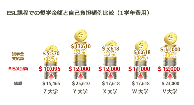 ESL課程での奨学金額と自己負担額例比較（1学年費用）