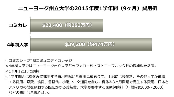 ニューヨーク州立大学の2015年度1学年間（9ヶ月）費用例